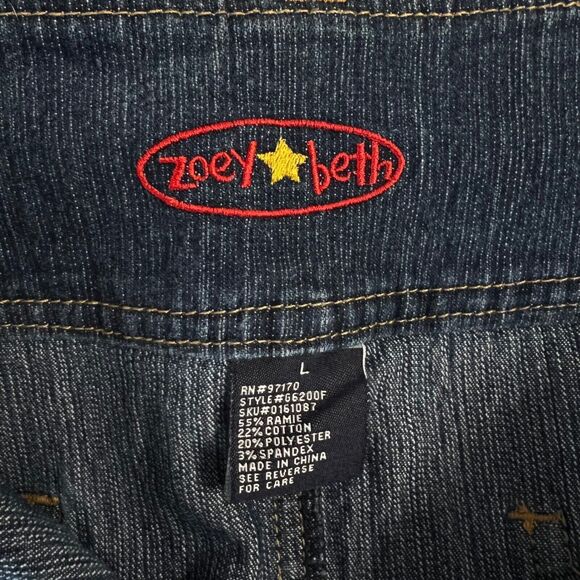 Zoey Beth Denim Mini Skirt Y2K‎ Low Rise Dark Wash Pockets Women's L Stretch - Picture 3 of 9